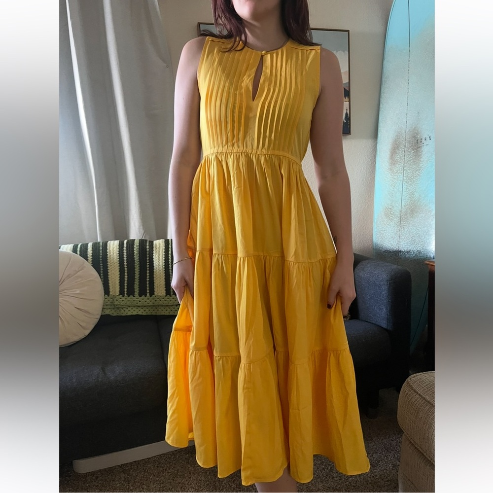 Anthropologie Yellow Tiered A Line Midi Dress XXSP Small Sleeveless Pleated